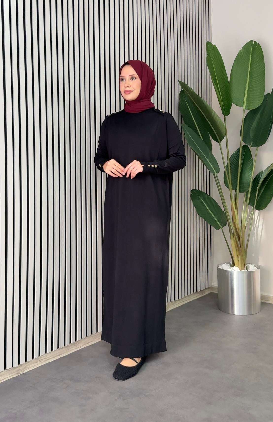 Düğmeli Triko Elbise - Siyah