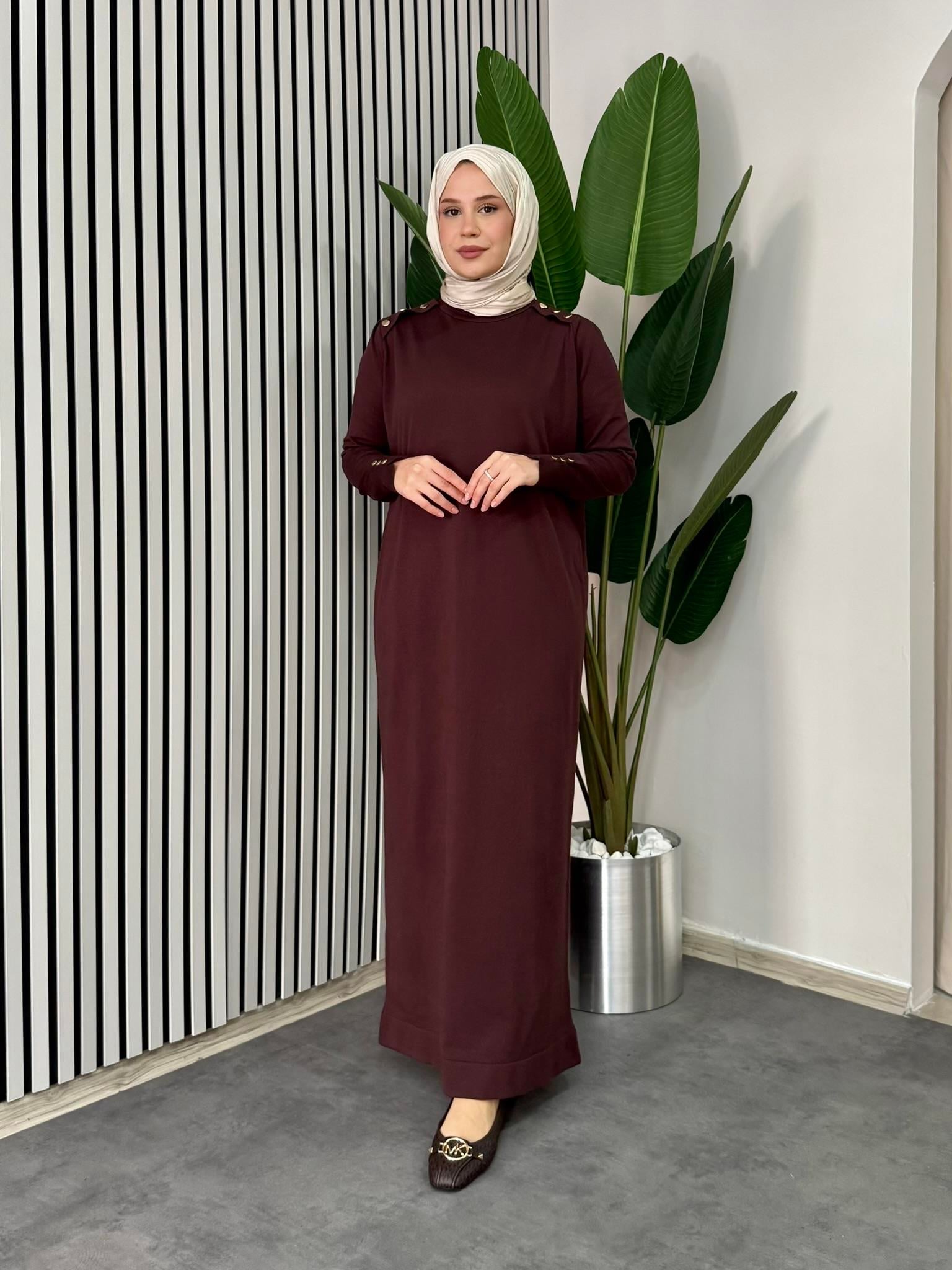 Düğmeli Triko Elbise - Kahve