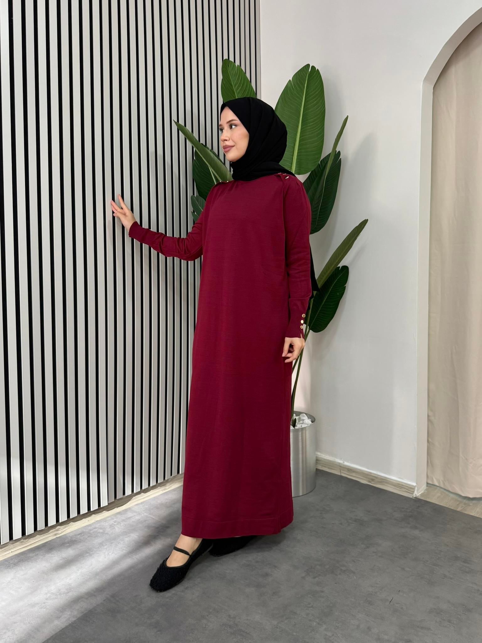 Düğmeli Triko Elbise - Bordo