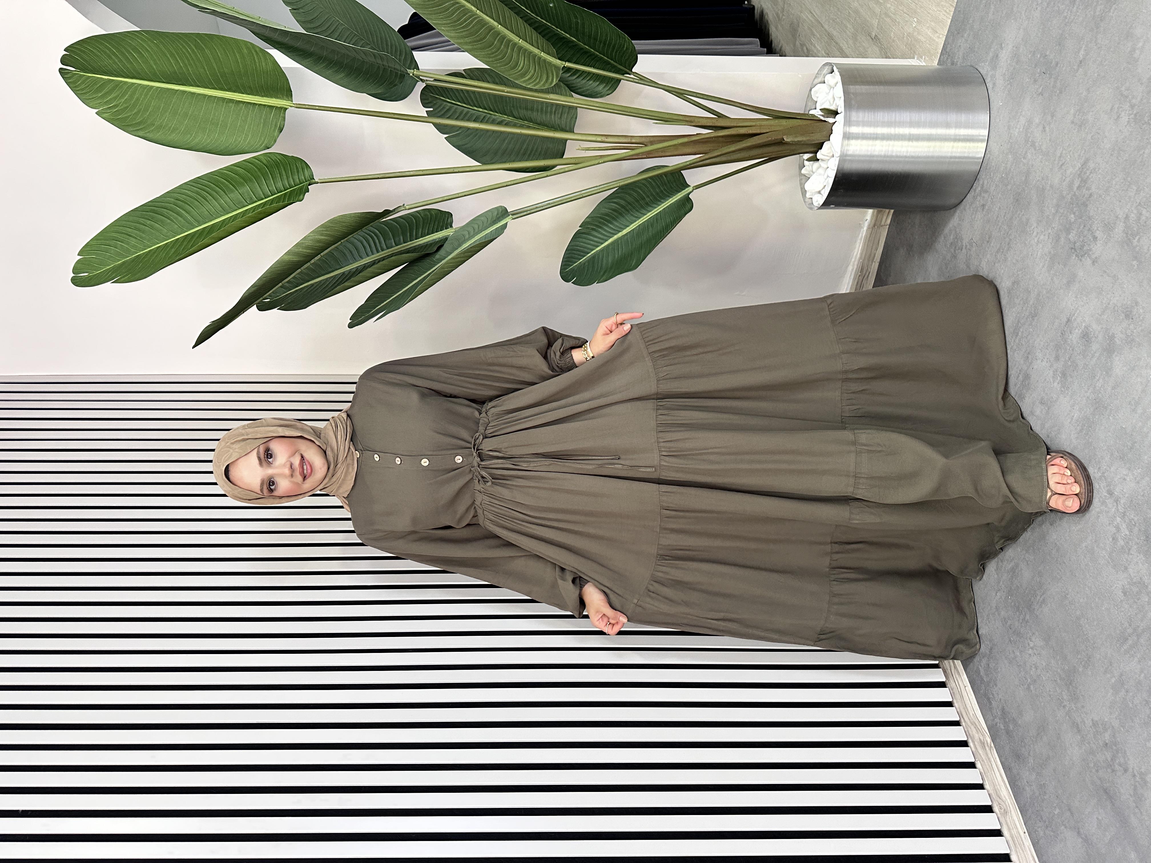 Pamuklu Düğmeli Elbise - Haki