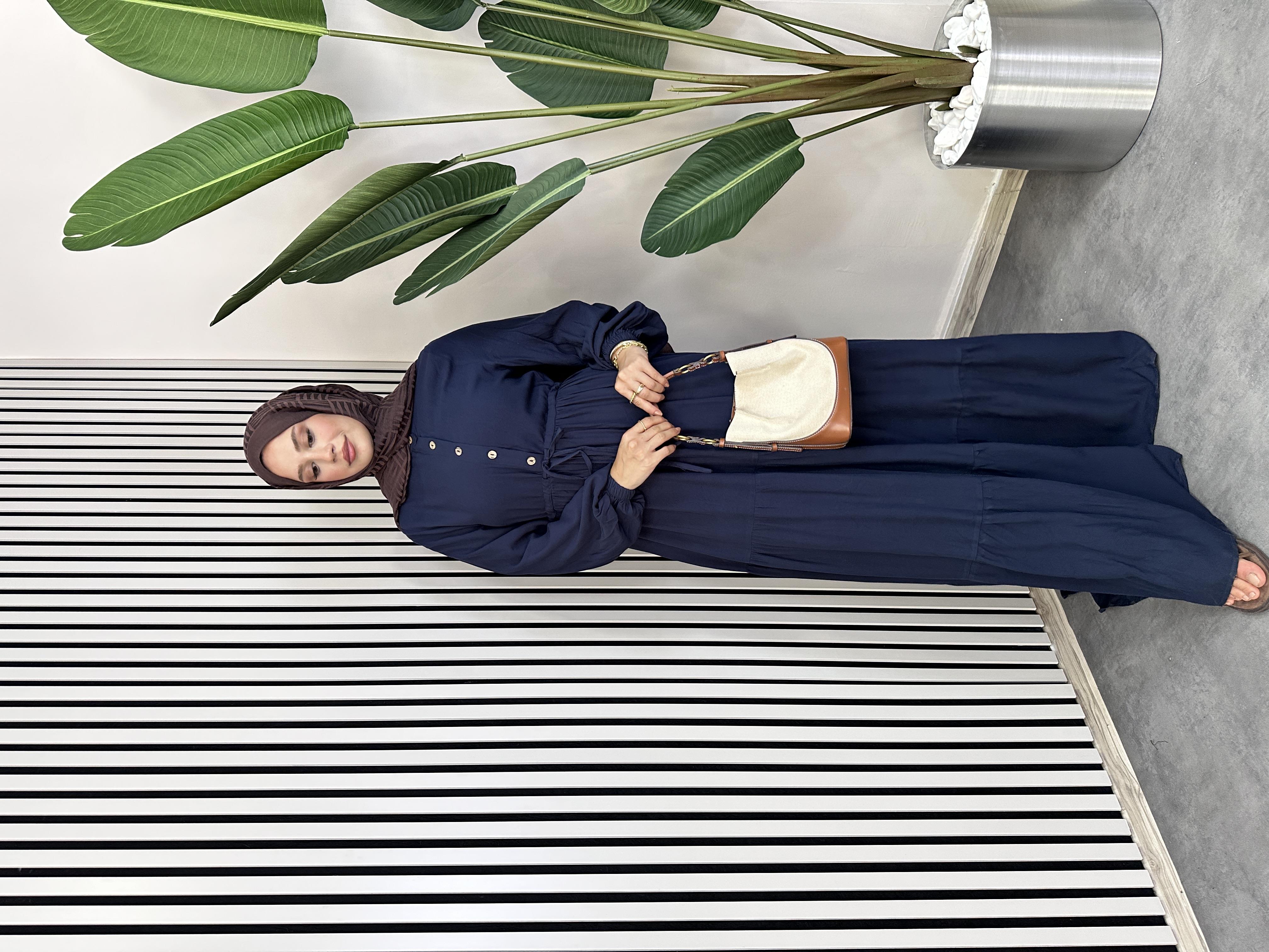 Pamuklu Düğmeli Elbise - Lacivert