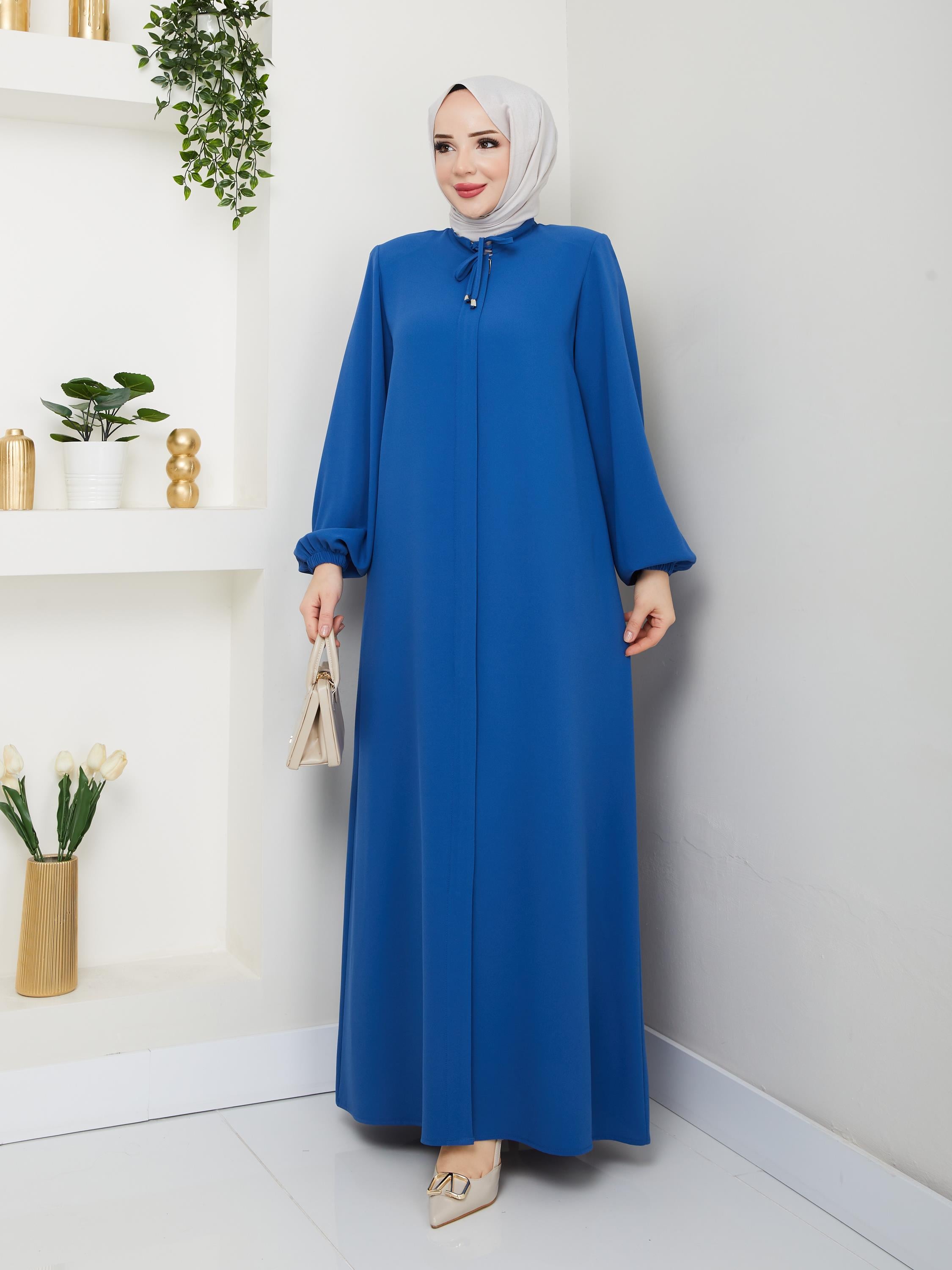 Yakası Bağcıklı Ferace - İndigo