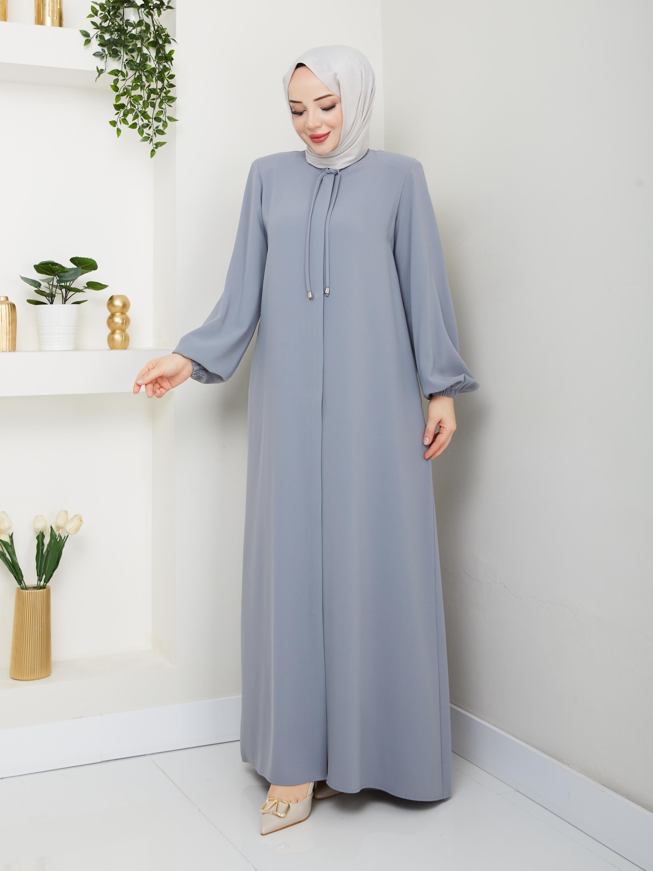 Yakası Bağcıklı Ferace - Açık Gri