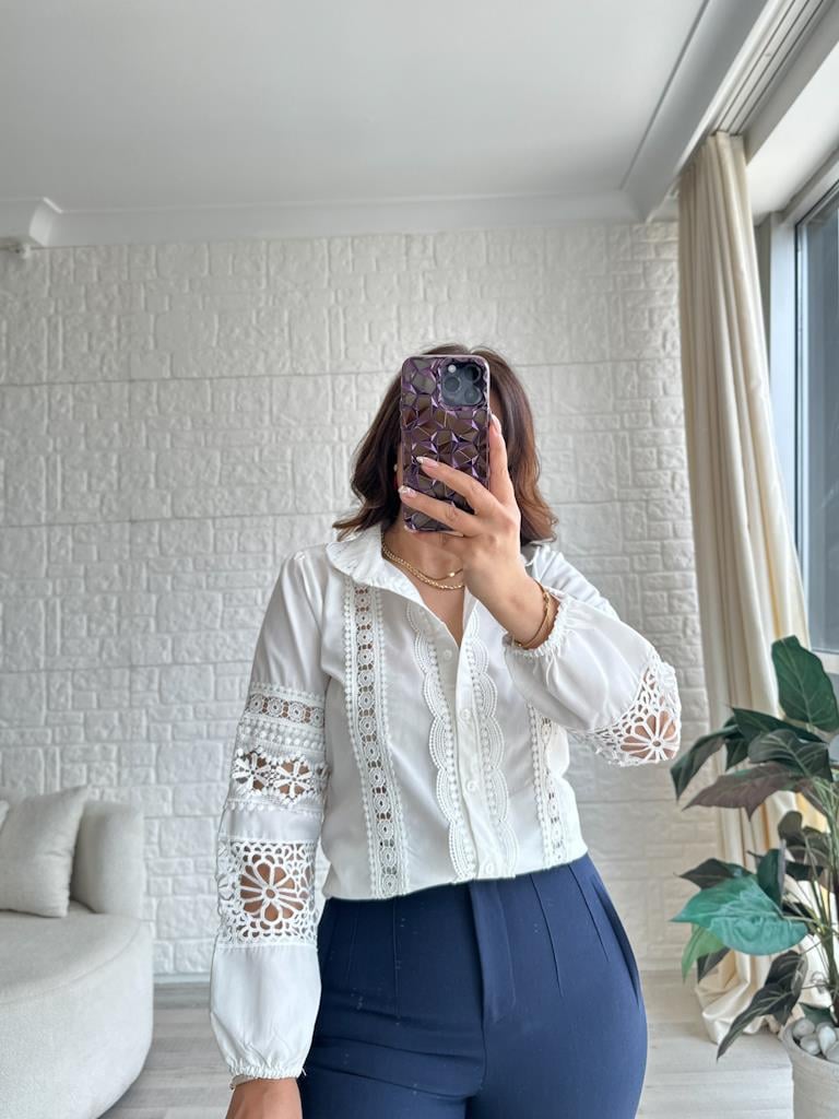 5018 Tasarım Güpür Dantel Şeritli Pamuk Gömlek