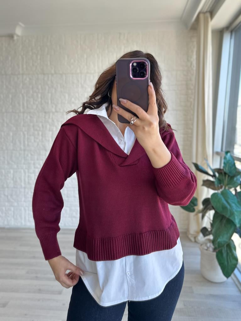 7650 Cotonit Gömlek Detaylı Poplin Garnili Kazak Bordo