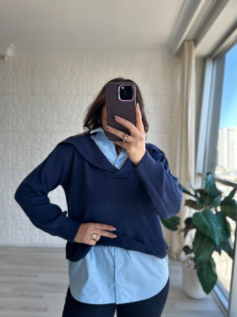 7650 Cotonit Gömlek Detaylı Poplin Garnili Kazak Lacivert