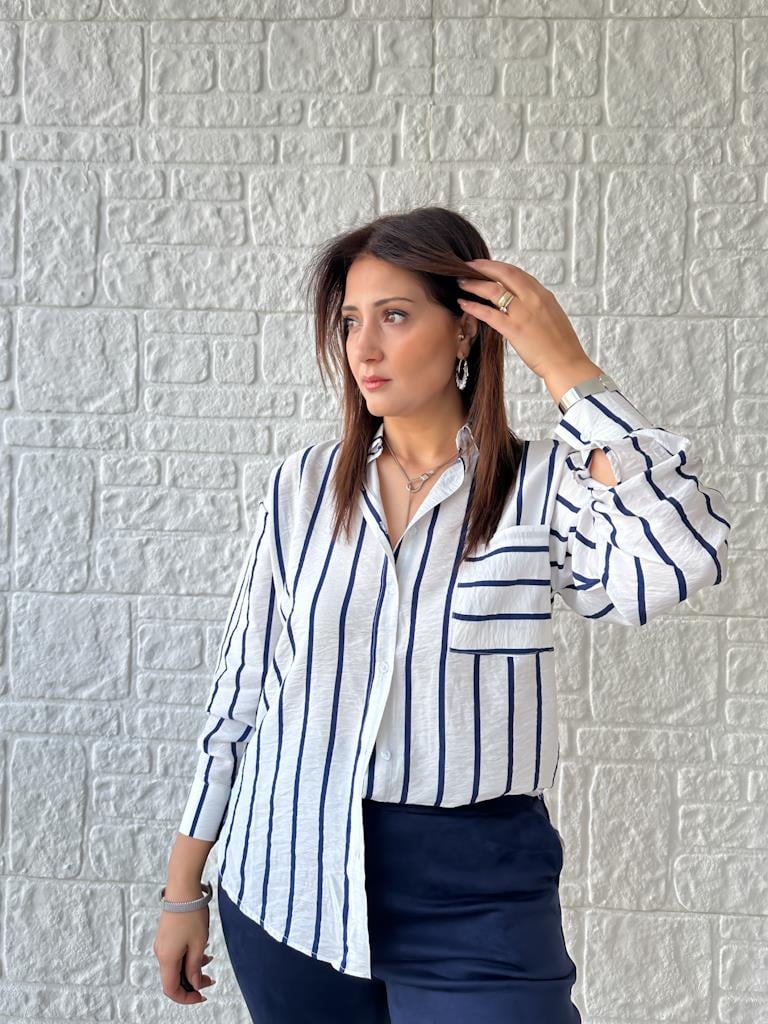 Aerobin Keten Lacivert Çizgili Gömlek