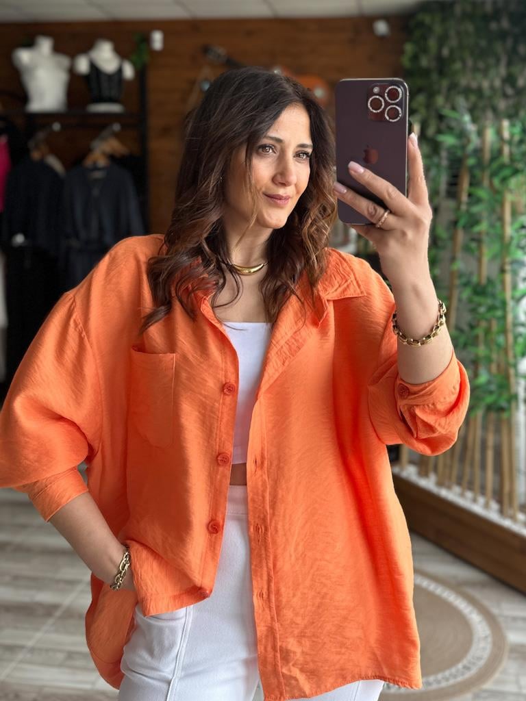 Aerobin Keten Salaş Tek Cep Detay Gömlek Turuncu