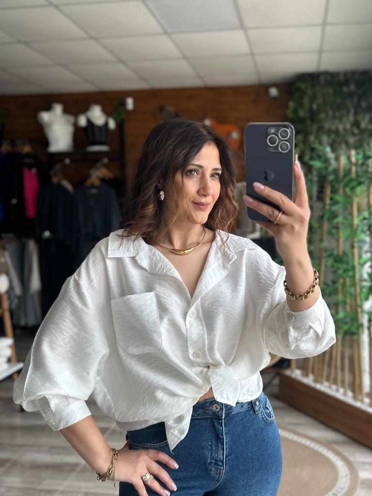 Aerobin Keten Salaş Tek Cep Detay Gömlek Beyaz