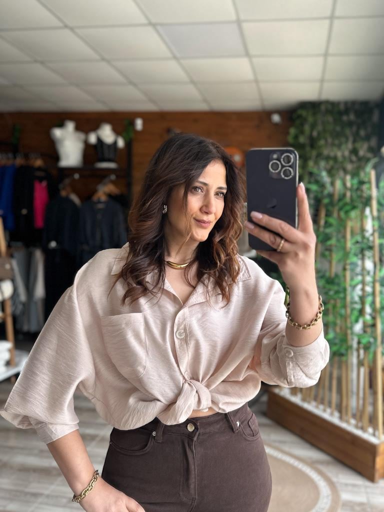 Aerobin Keten Salaş Tek Cep Detay Gömlek Bej