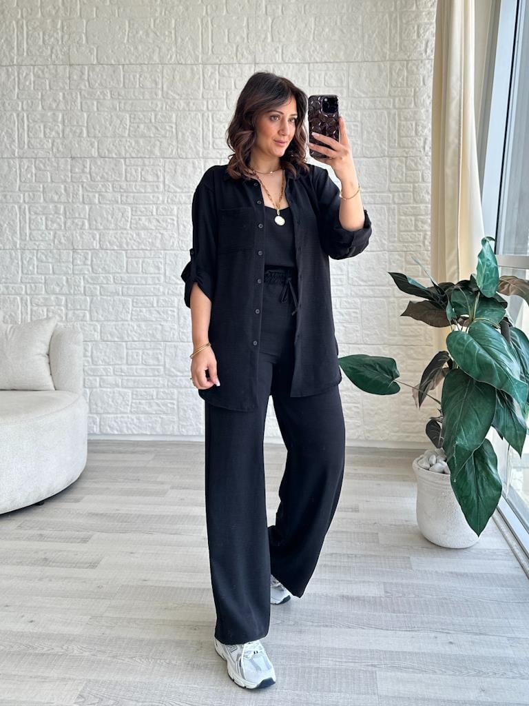 Aerobin Kumaş Atlet Gömlek Pantolon Takım Siyah