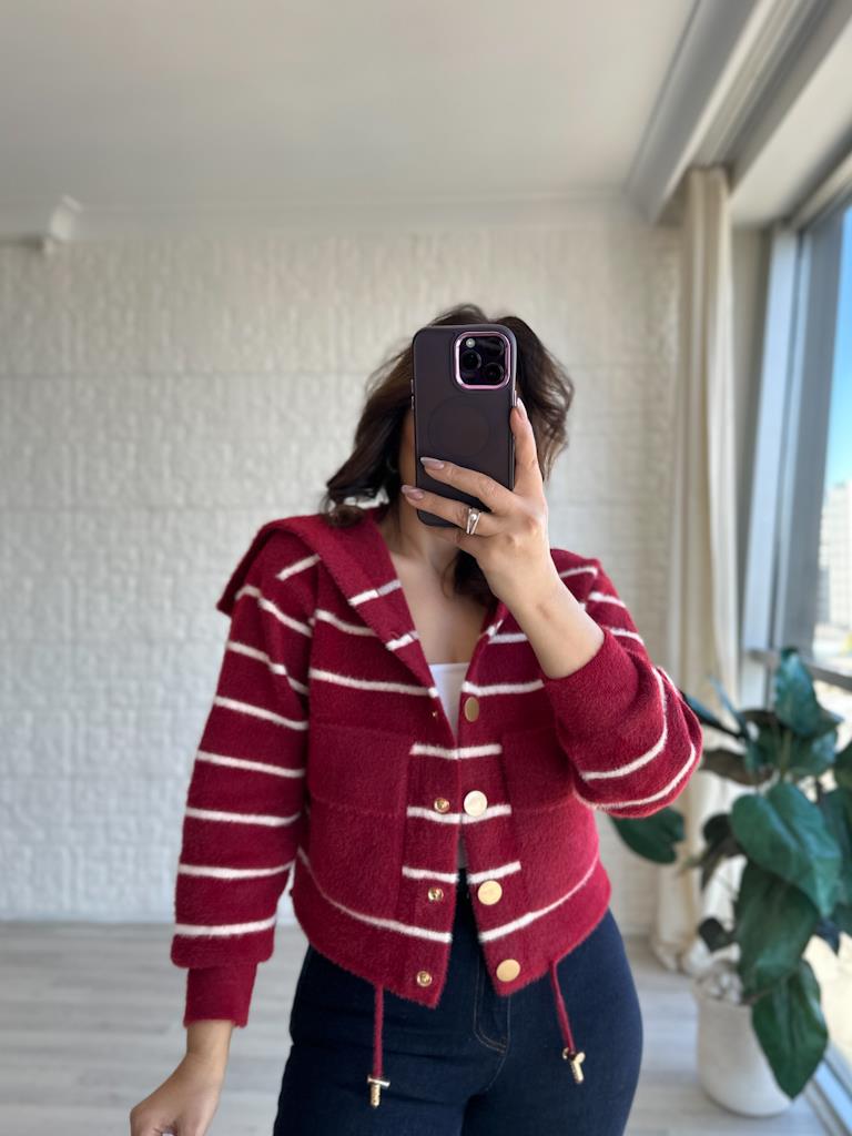 Angora Kapşonlu Düğmeli Bordo Çizgili Hırka