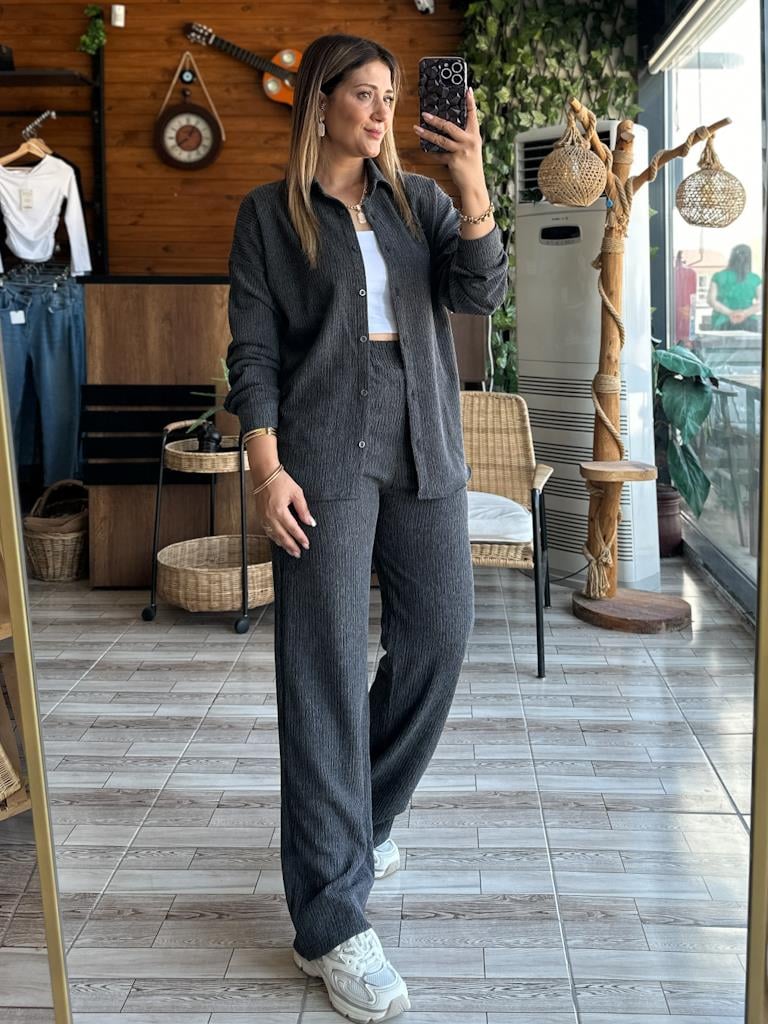 Antrasit  Beli Lastikli Cep Detaylı Gömlek Takım