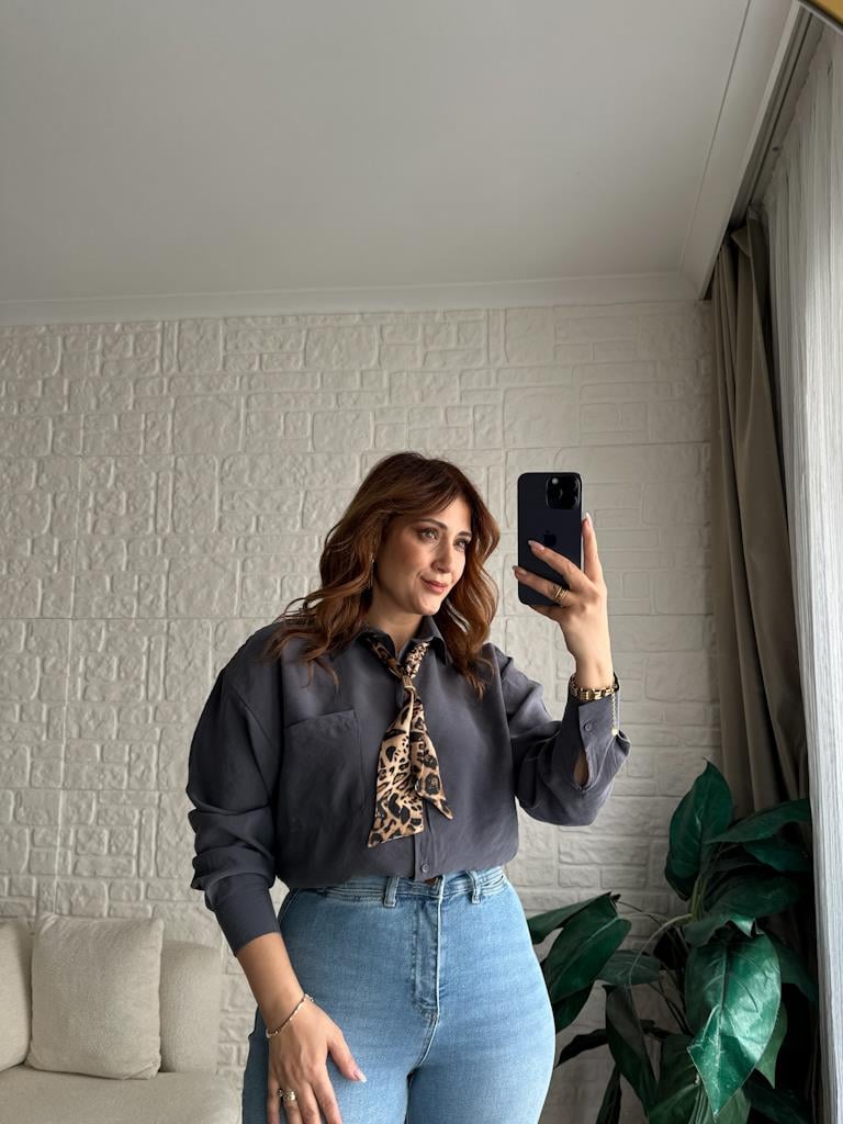 Antrasit Fular Detaylı Salaş Gömlek