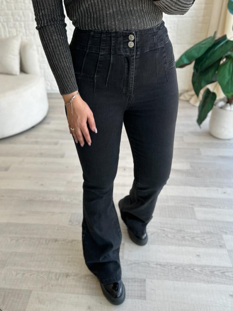 Antrasit Siyah Bel Pens Detaylı İspanyol Paça Jean