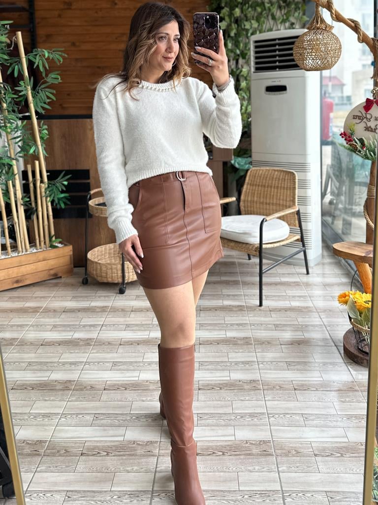 Arka Bel Lastikli Kemerli Deri Etek Kahve