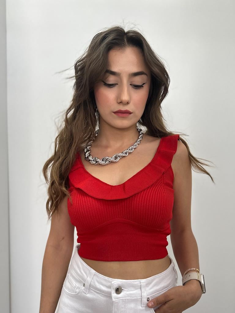 Arka Ön V Yaka Fırfır Detay Triko Crop Bluz Kırmızı