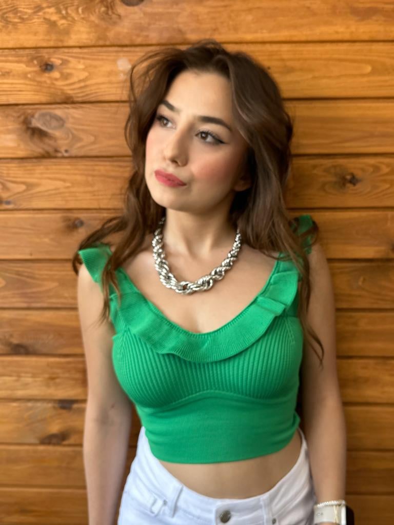 Arka Ön V Yaka Fırfır Detay Triko Crop Bluz Yeşil