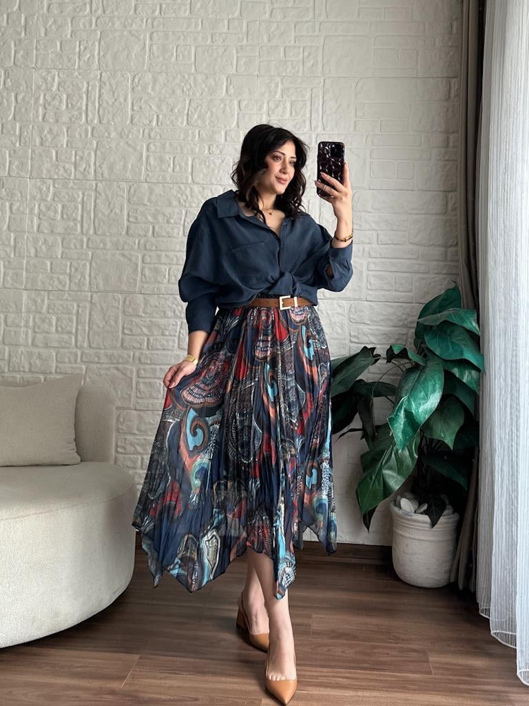 Asimetrik Kesim Etnik Desenli Etek Lacivert