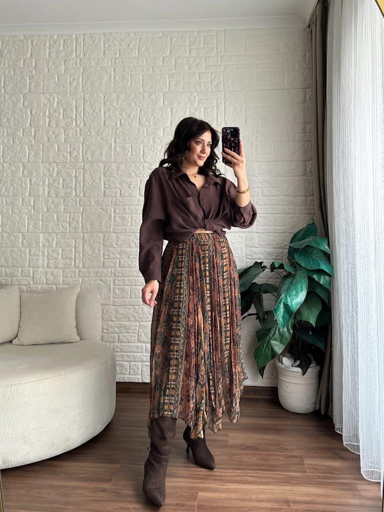 Asimetrik Kesim Kahve Etnik Desenli Etek