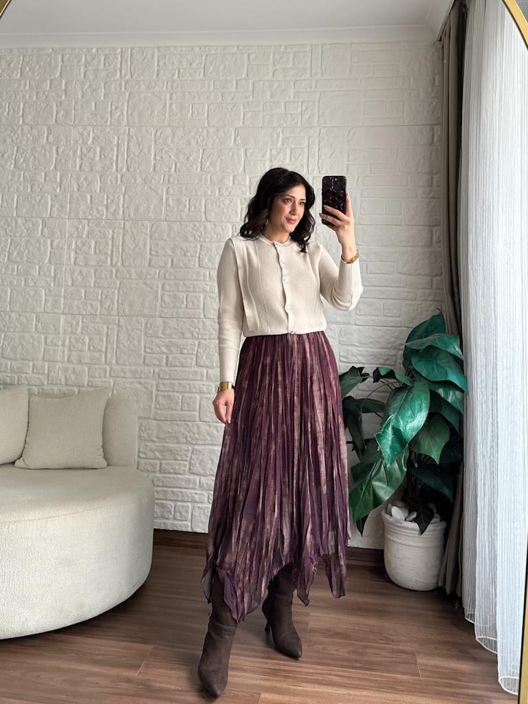 Asimetrik Kesim Mürdüm Etnik Desenli Etek