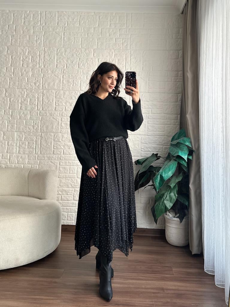 Asimetrik Taşlı Tül Etek Siyah