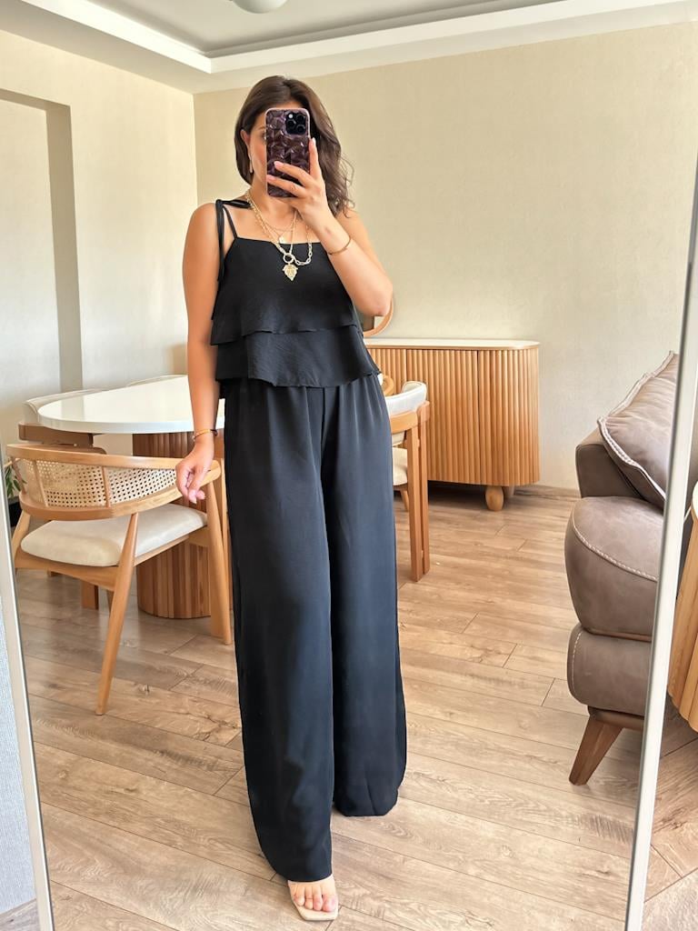 Askıları Bağlamalı Bol Paça Aerobin Takım Siyah