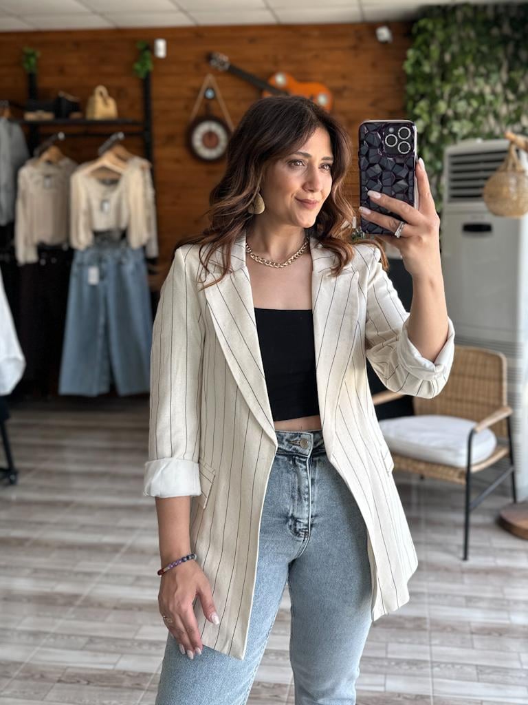 Astarlı Çizili Keten Ceket