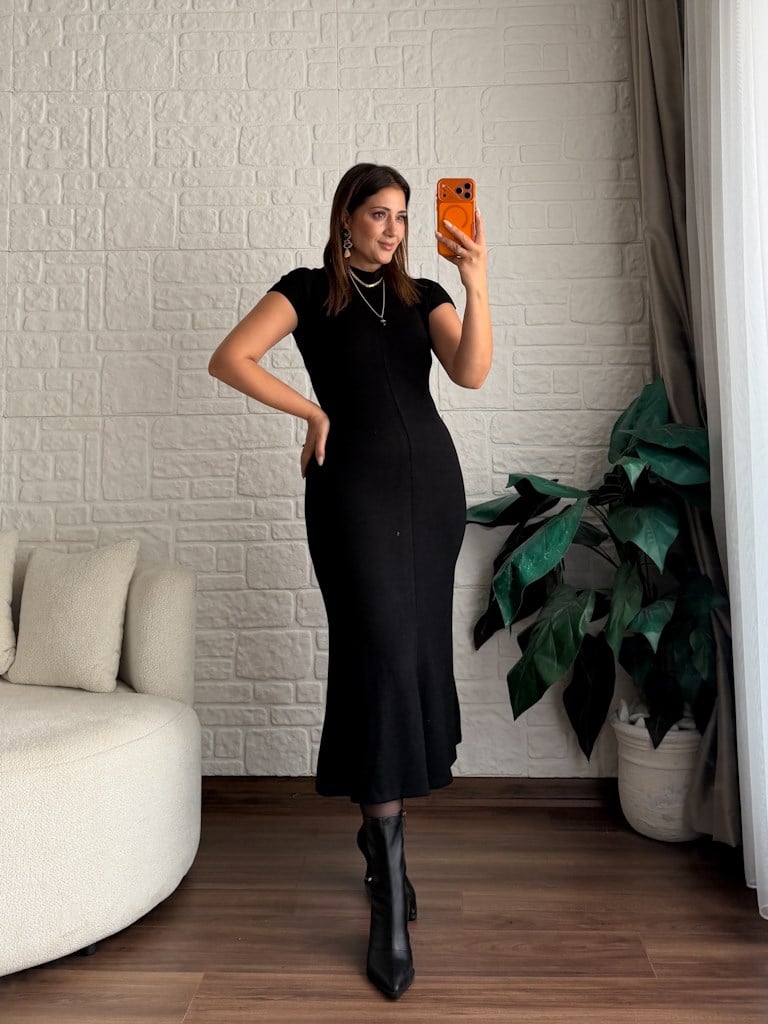Balıkçı Yaka Çelik Örme Basic Elbise Siyah