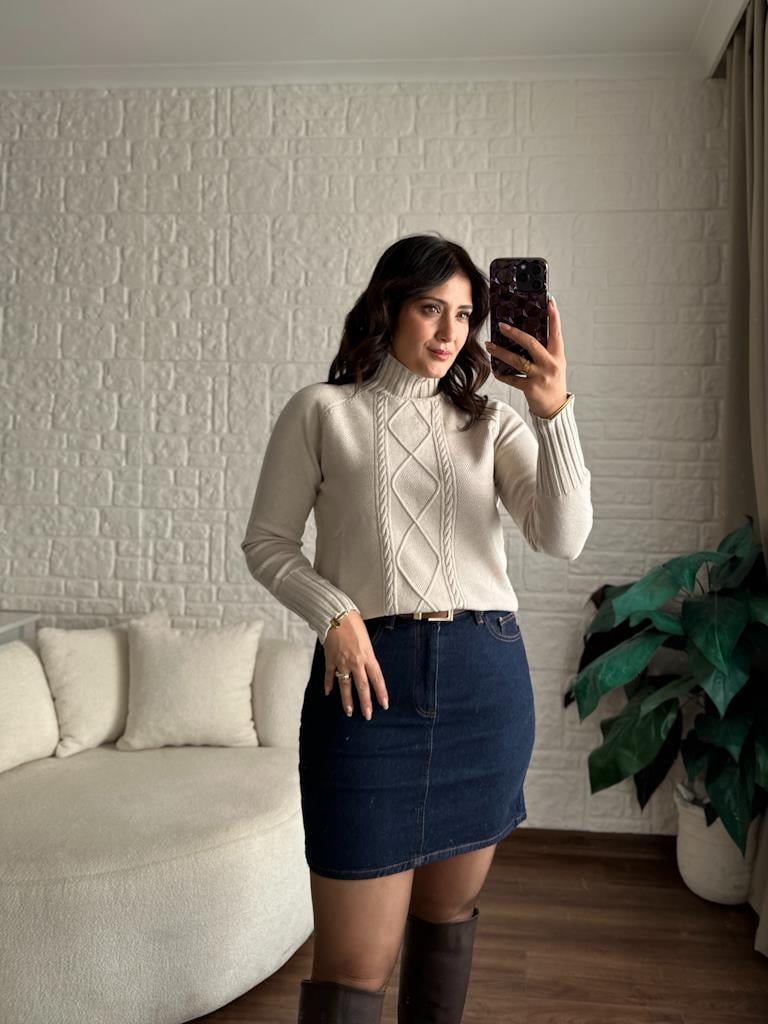 Balıkçı Yaka Desenli Triko Kazak Bej