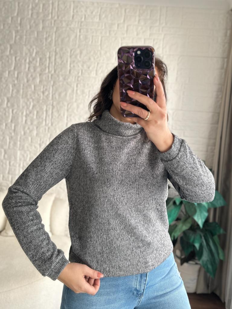 Balıkçı Yaka Kırçıllı Model Gri Pamuk Bluz