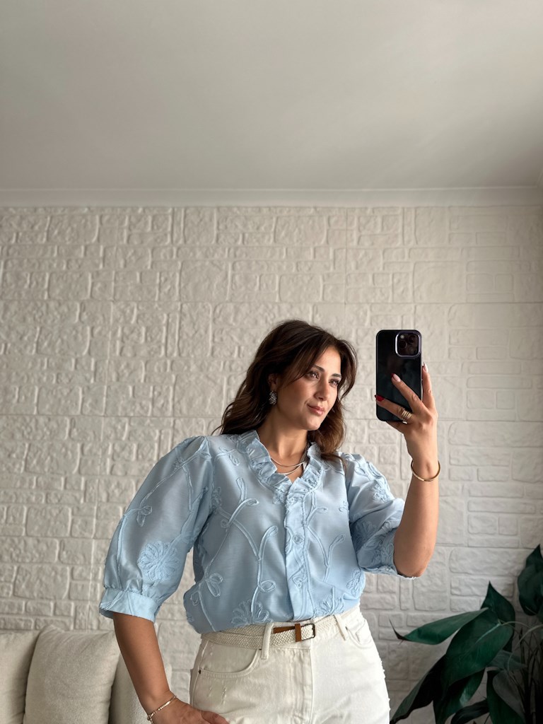 Bebe Mavi Süzene Nakışlı Keten Bluz