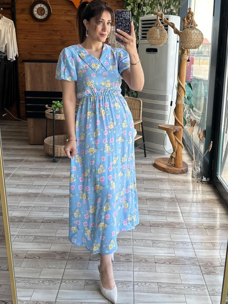 Bebe Yaka Mavi Çıtır Çiçek Desen Elbise