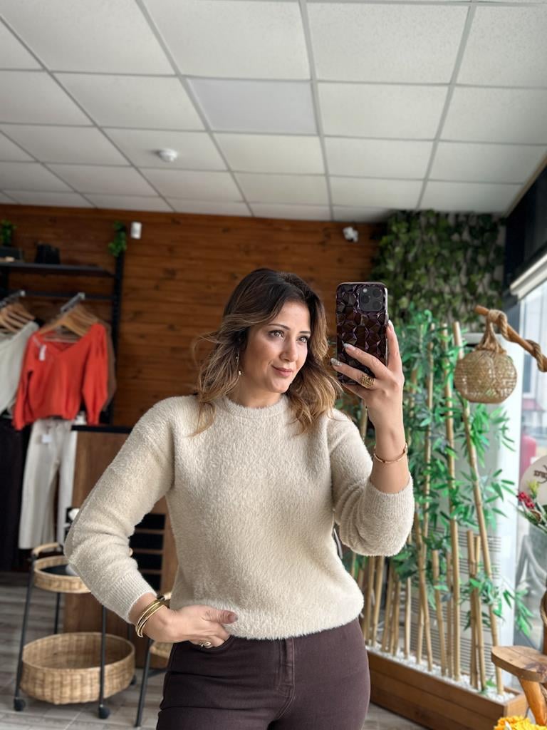 Bej Bisiklet Yaka Yumoş Triko Kazak