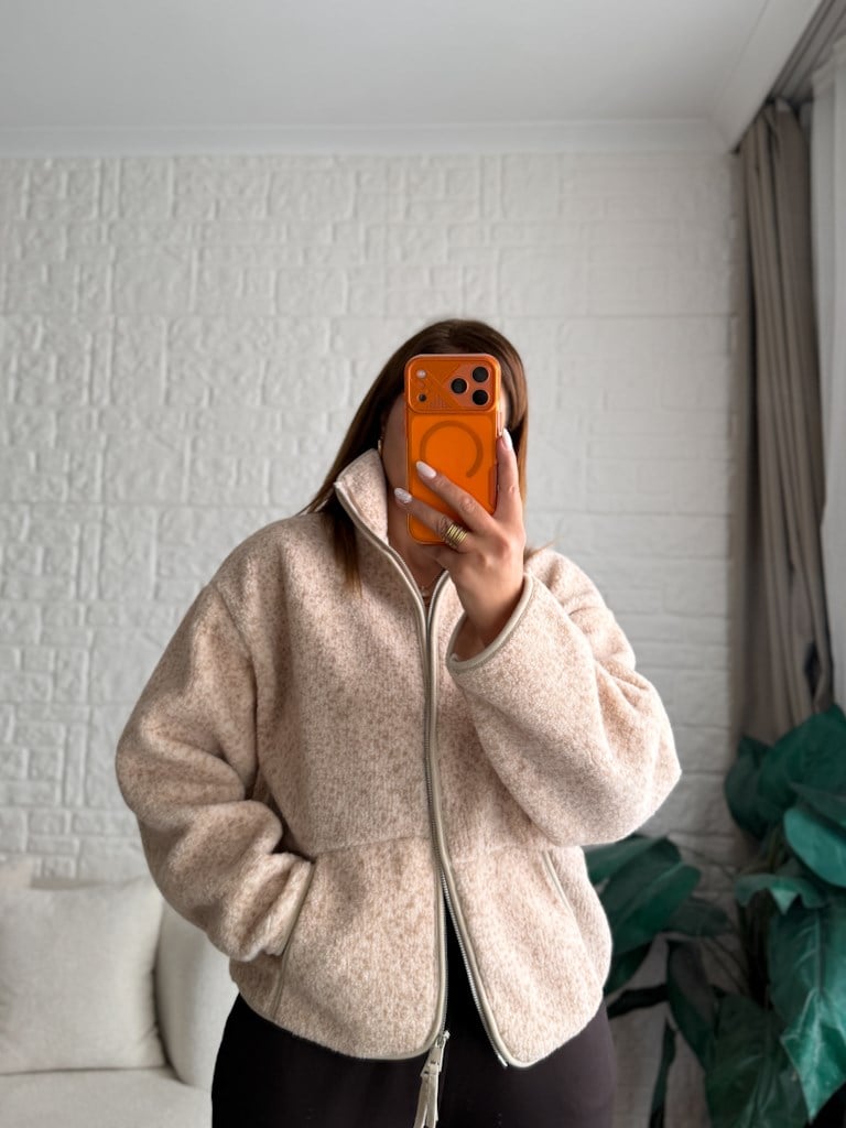 Bej Fermuarlı Polar Sweat Ceket