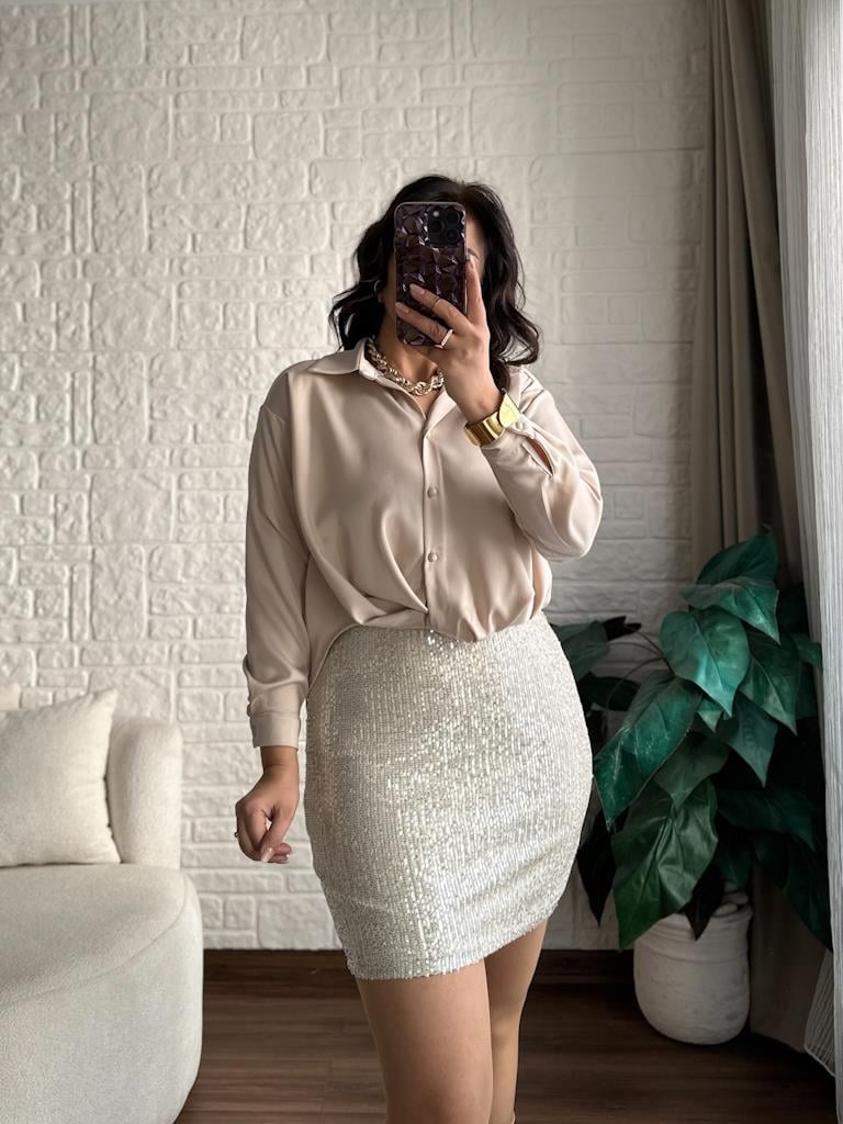 Bej Pul Payet Detaylı Beli Lastikli Likralı Etek