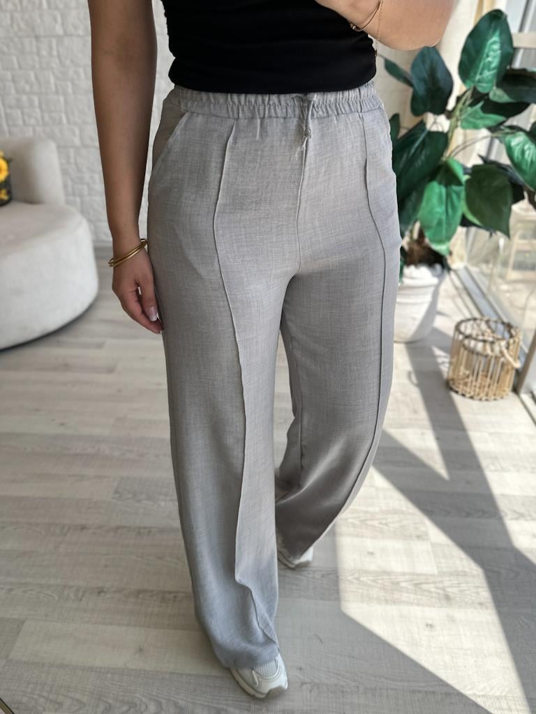 Beli Lastikli Çima Dikişli Keten Pantolon Gri