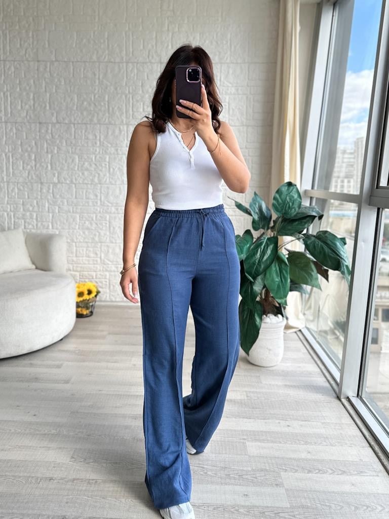 Beli Lastikli Çima Dikişli Keten Pantolon İndigo Mavi