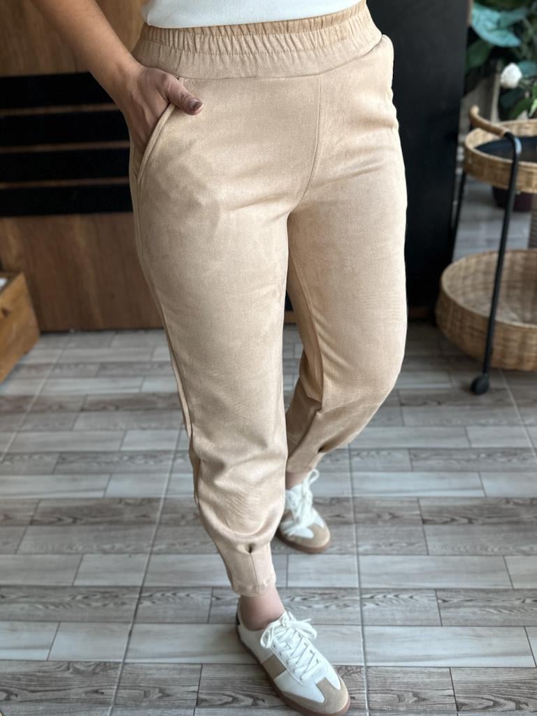 Beli Lastikli Likralı Paça Pens Detaylı Nubuk Pantolon Vizon