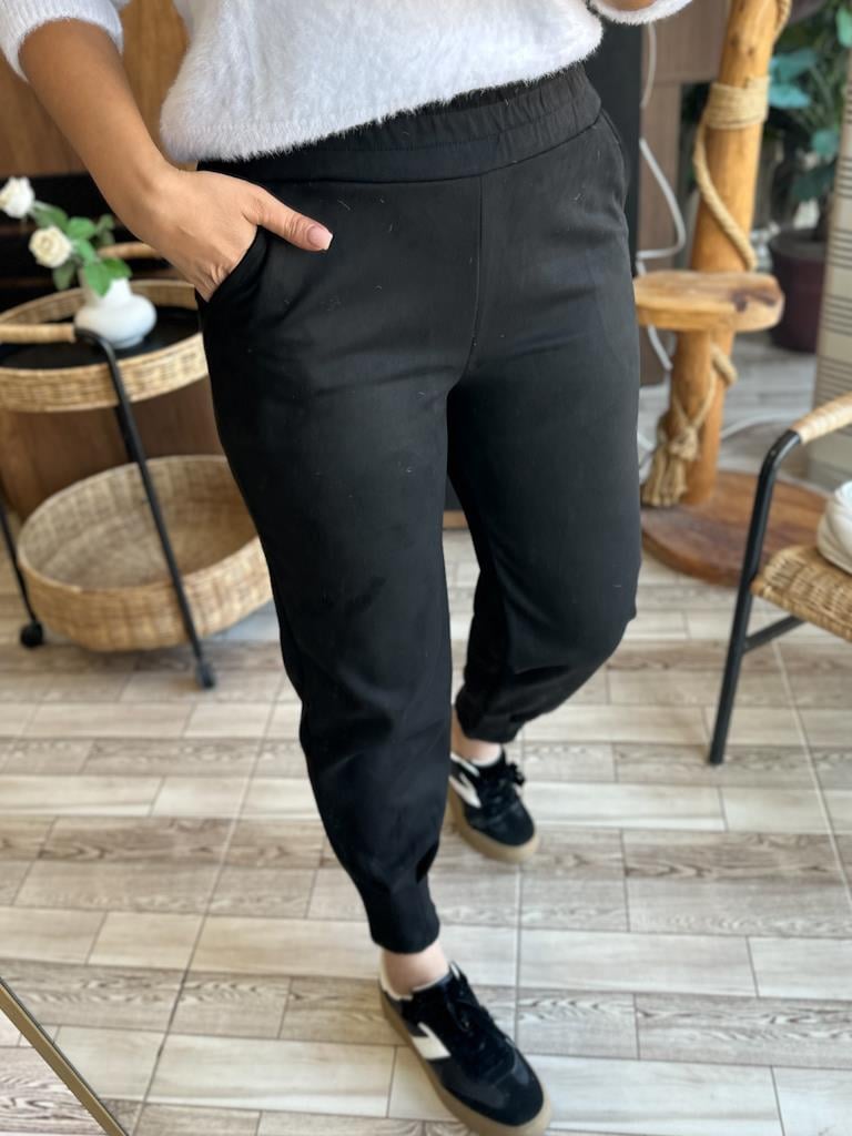 Beli Lastikli Likralı Paça Pens Detaylı Nubuk Pantolon Siyah