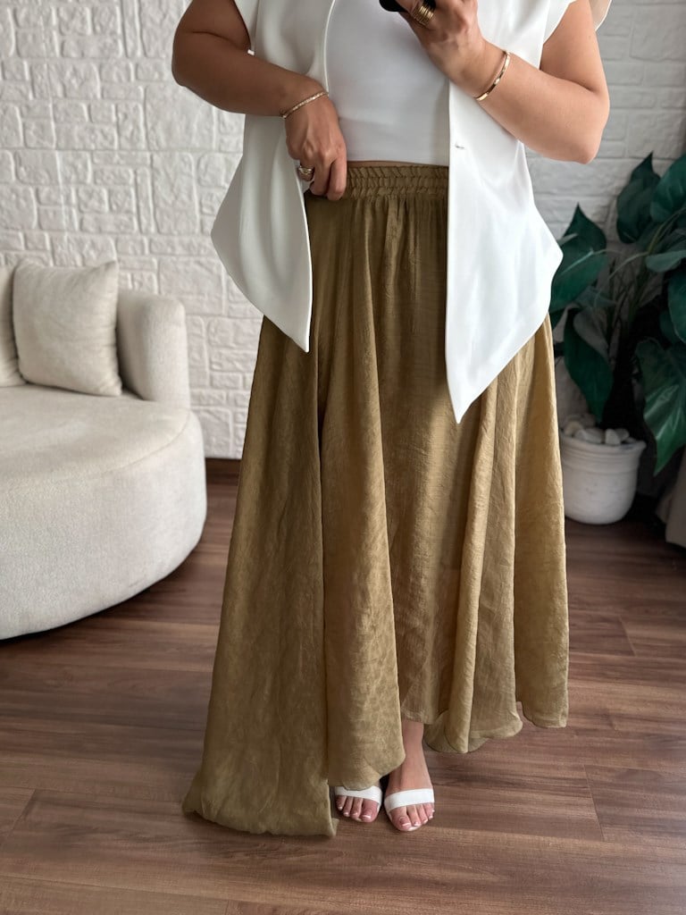 Beli Lastikli Tül Şifon Asimetrik Etek Yağ Yeşil