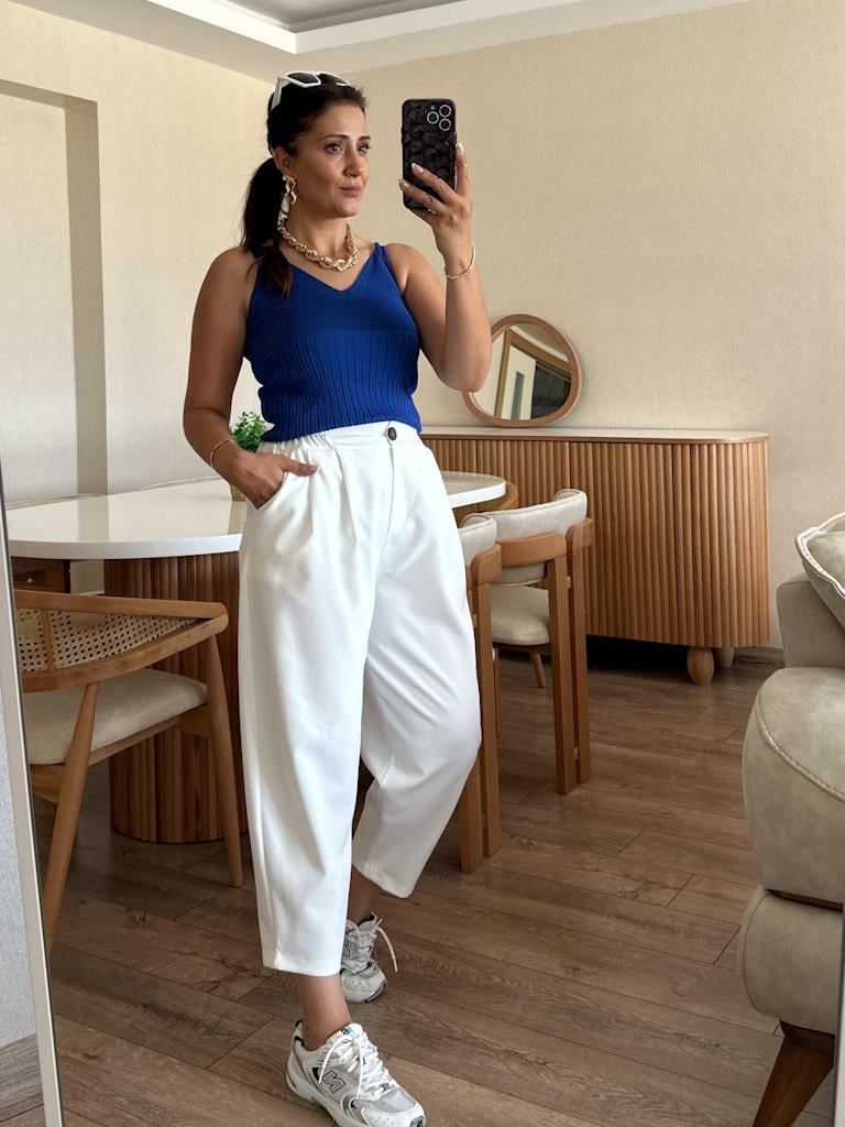 Beyaz Beli Lastikli Şalvar Model Pantolon