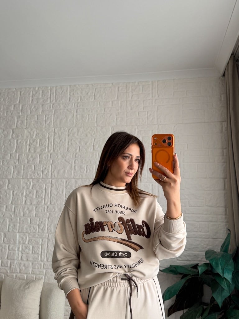 Bisiklet Yaka California Panç İşleme İki İplik Pamuk Sweat Bej