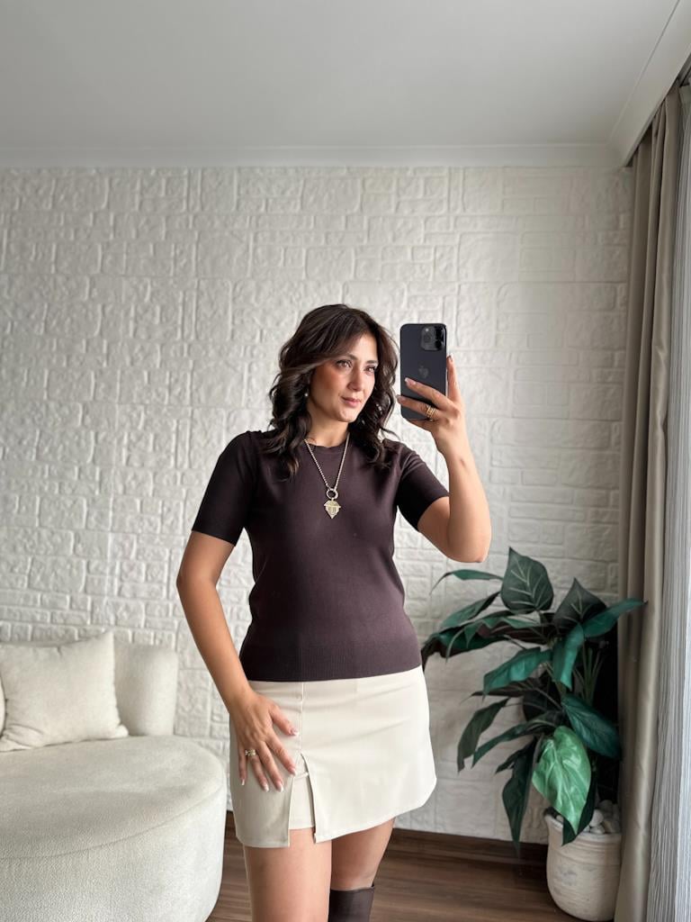 Bisiklet Yaka Kısa Kol Basic Triko Bluz Kahverengi