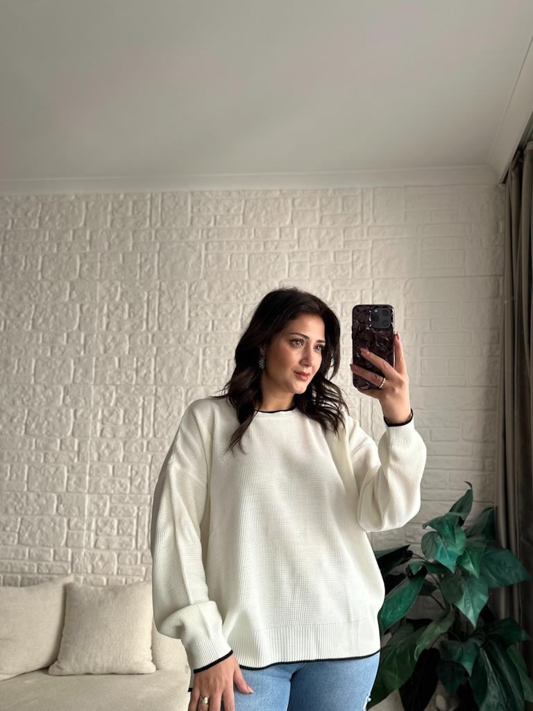 Bisiklet Yaka Oversize Triko Kazak Ekru