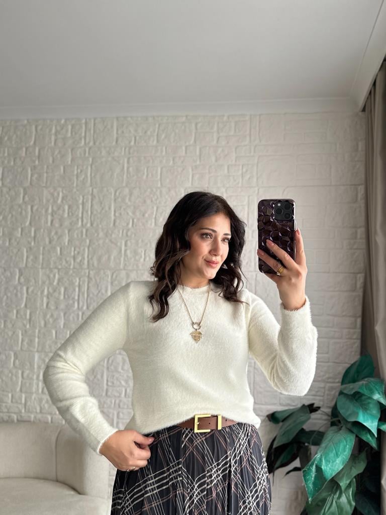 Bisiklet Yaka Yumoş Triko Kazak Ekru