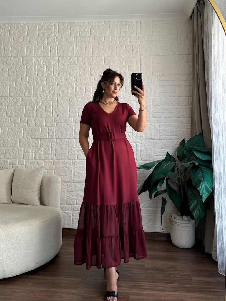 Bordo  Modal Kemer Detaylı Şifon Garnili Elbise