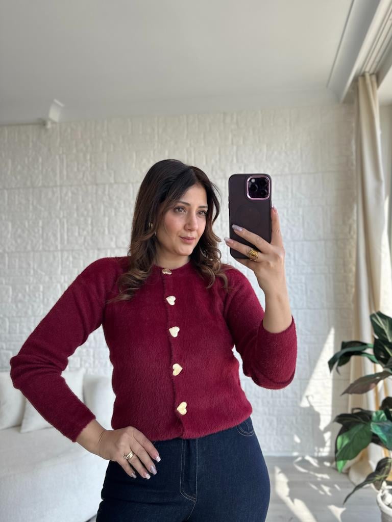Bordo Yumoş Kalp Düğme Detaylı Hırka