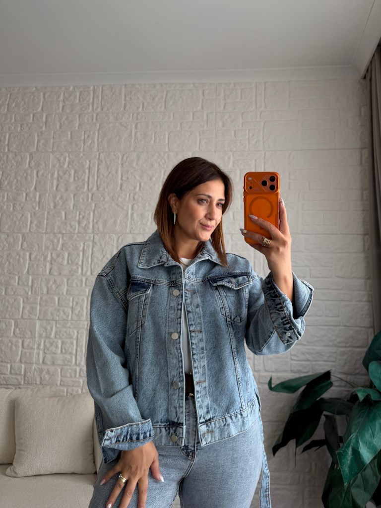 Buz Mavi Kemerli Jean Ceket