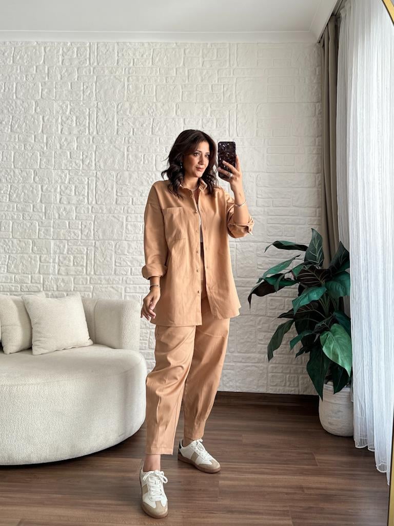 Camel Gabardin Kumaş Paça Pensli Gömlek Pantolon Takım